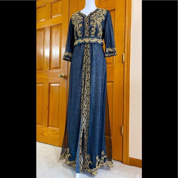 Formal Dress Sizes M & XL Blue Gold Glitter Sparkle Sleeves SULTAN Kaftan Abaya - Picture 3 of 15
